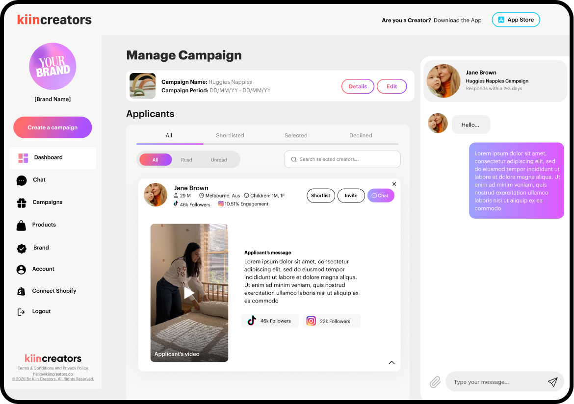 Dashboard screen for managing influencer campaigns with applicant profiles, messages, and social media stats.