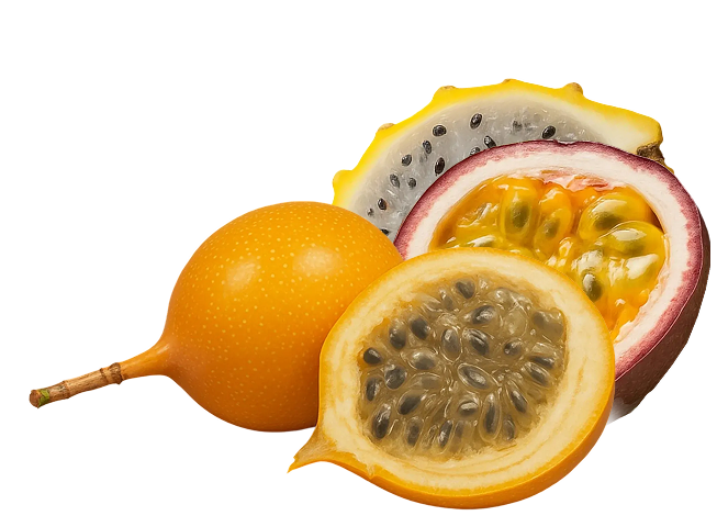 Three exotic fruits including a whole yellow granadilla, a halved purple passion fruit, and a halved yellow passion fruit showing seeds and pulp.