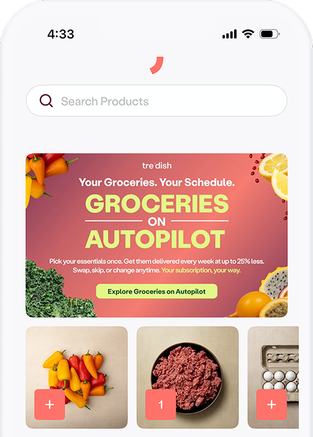 Mobile app screen showing a search bar, promotional banner for grocery delivery on autopilot with images of vegetables and fruit, and icons for adding bell peppers, ground meat, and eggs to the cart.