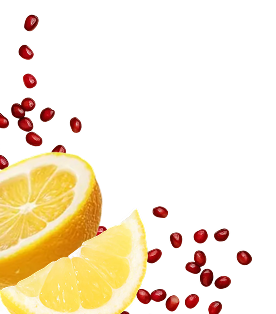 Two lemon wedges surrounded by scattered red pomegranate seeds on a black background.
