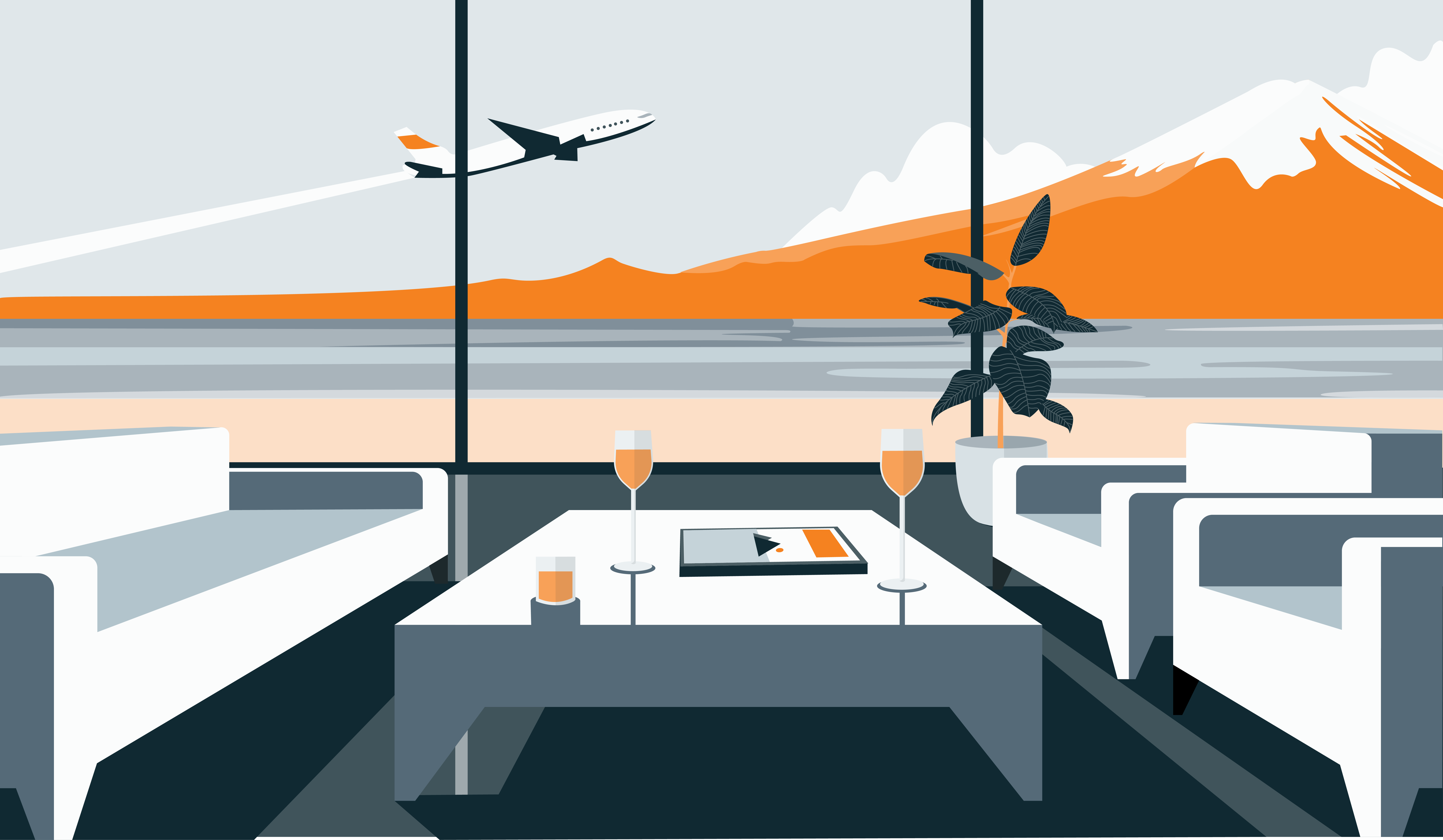 An airport lounge scene. There are sofas on the left and right of the illustration. Champagne and whiskey on a low coffee table between the sofas. Just beyond the sofas is a large window with a plant to the right. The windows showcase a stunning landscape that presents a snowcapped mountain by the sea and an airplane taking flight.