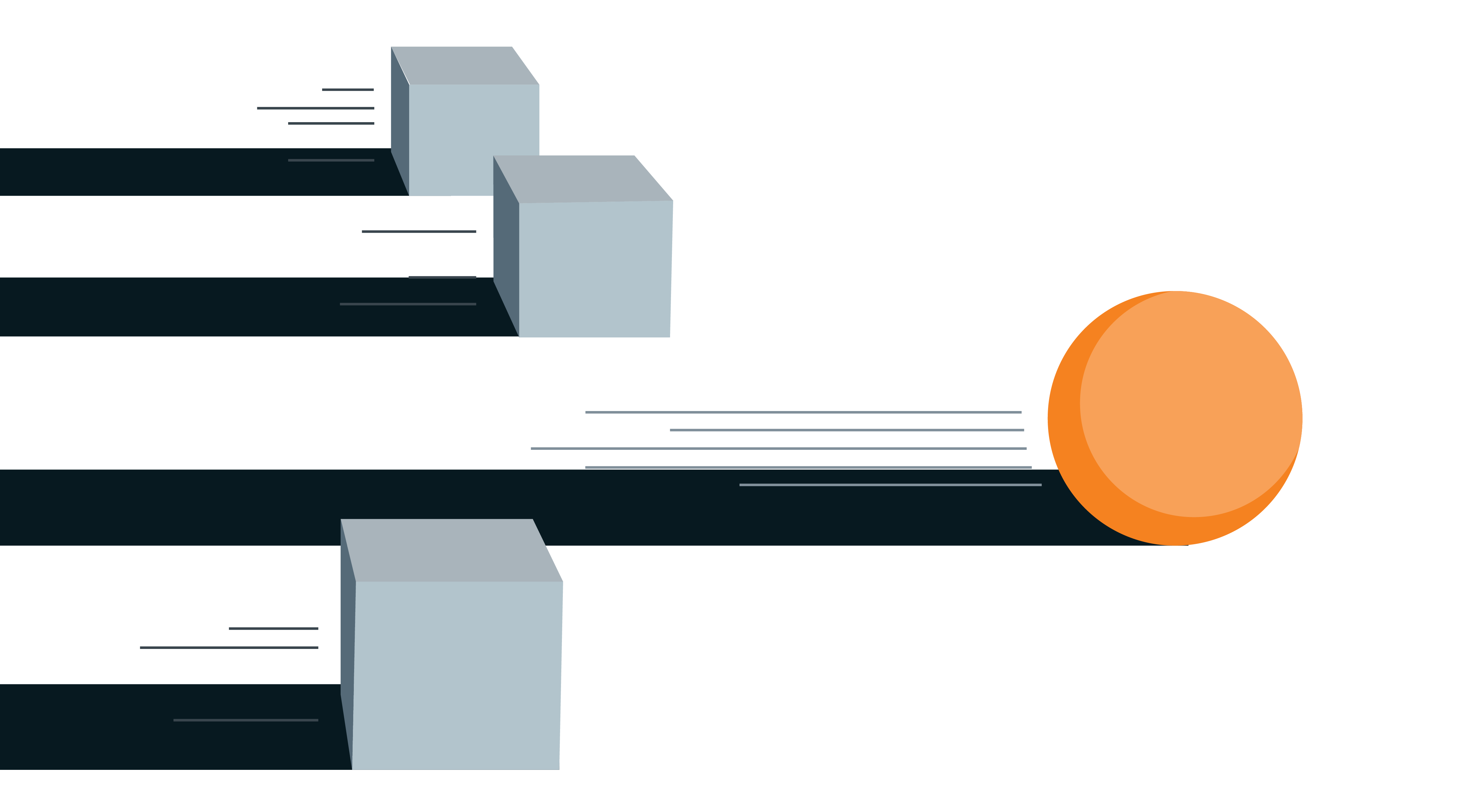This scene portrays an orange ball rolling quickly past three cubes that are struggling to keep up.