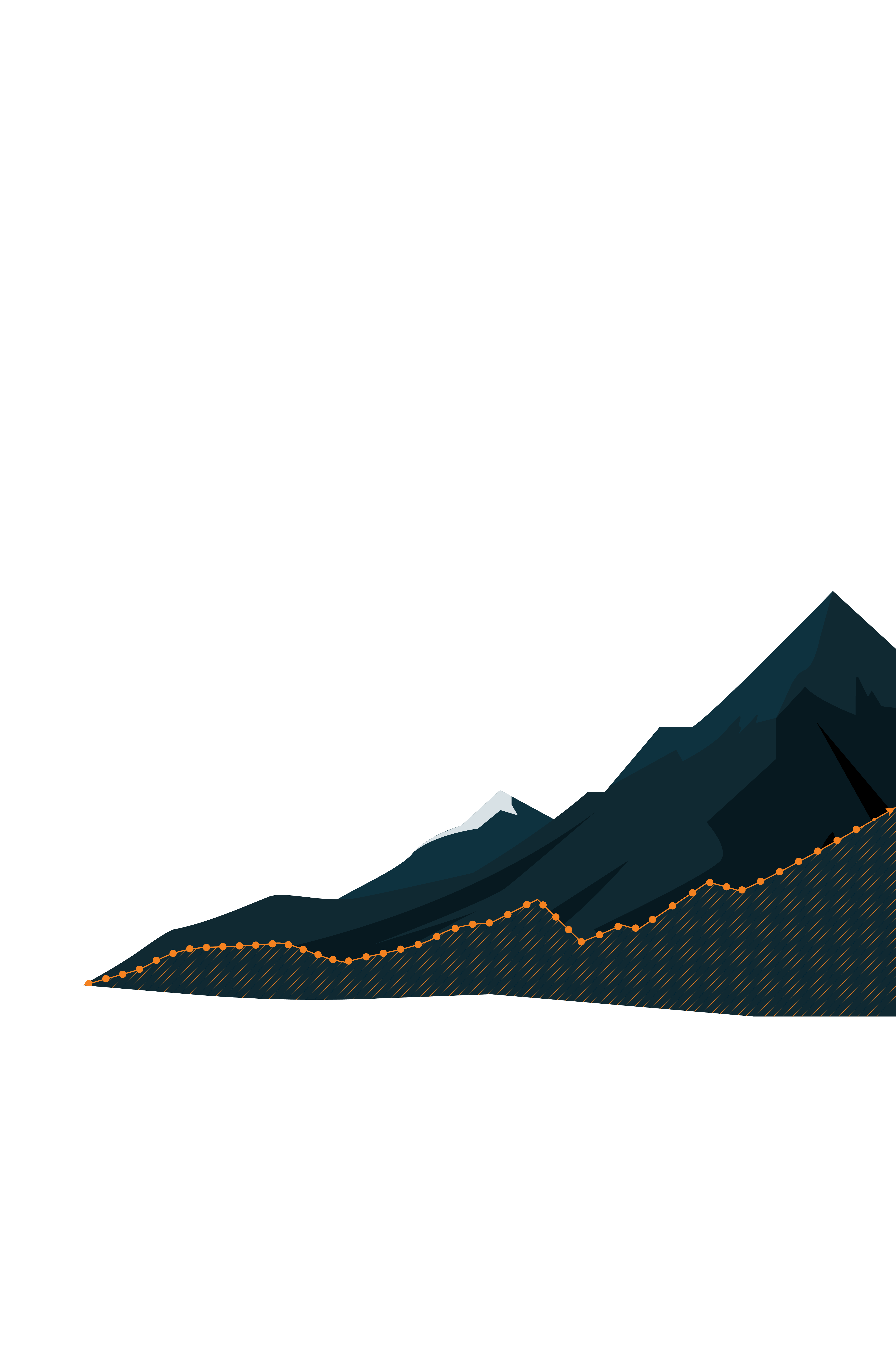 This is a mountain, its peak trending upwards. On the illustrated mountain is a line graph trending upwards, with the bottom area filled with a diagonal pattern.