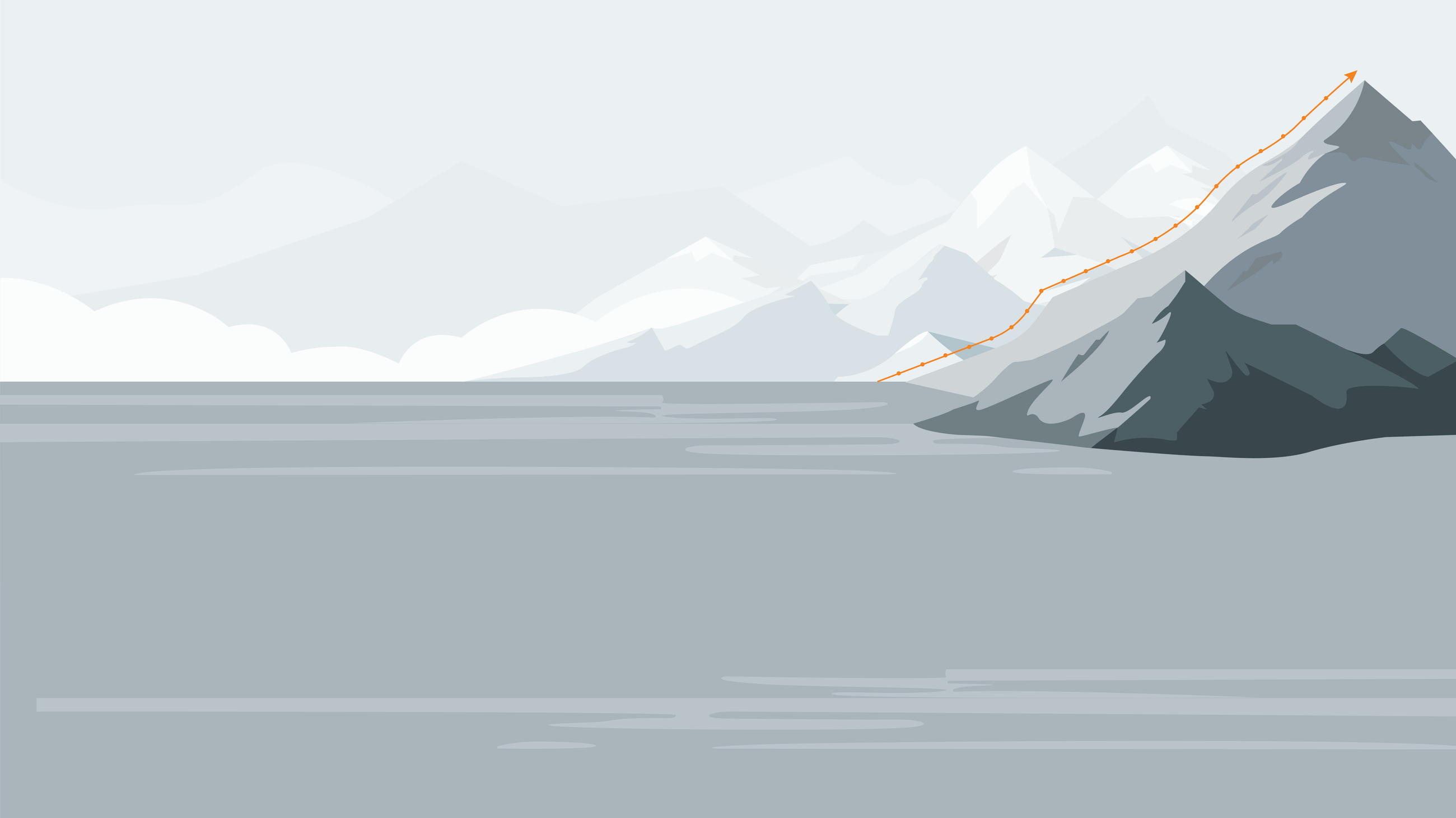 This is a mountain scene. There is a mountain range in the background symbolizing Alpine Capital. Clouds fill the scene from the left and the sea stretches towards the viewer.