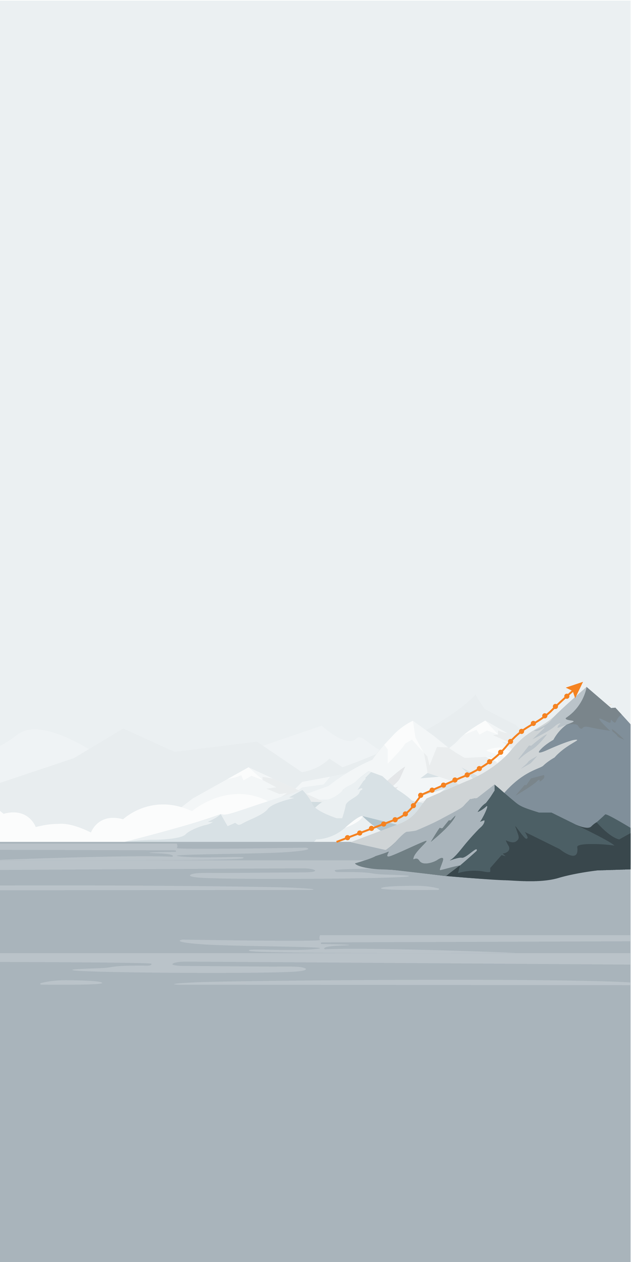 This is a mountain scene. There is a mountain range in the background symbolizing Alpine Capital. Clouds fill the scene from the left and the sea stretches towards the viewer.