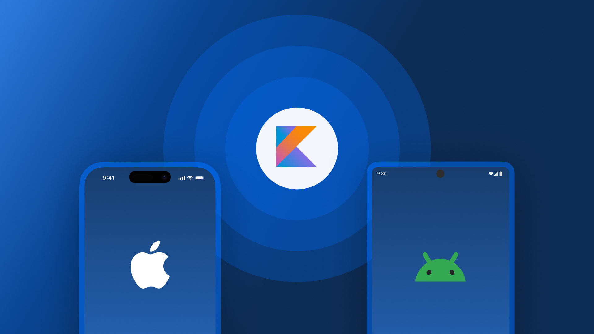 Digital illustrasjon i blåfarge med en blå iphone og en blå androidtelefon med Kotlin Multiplatform logo over begge telefonene.