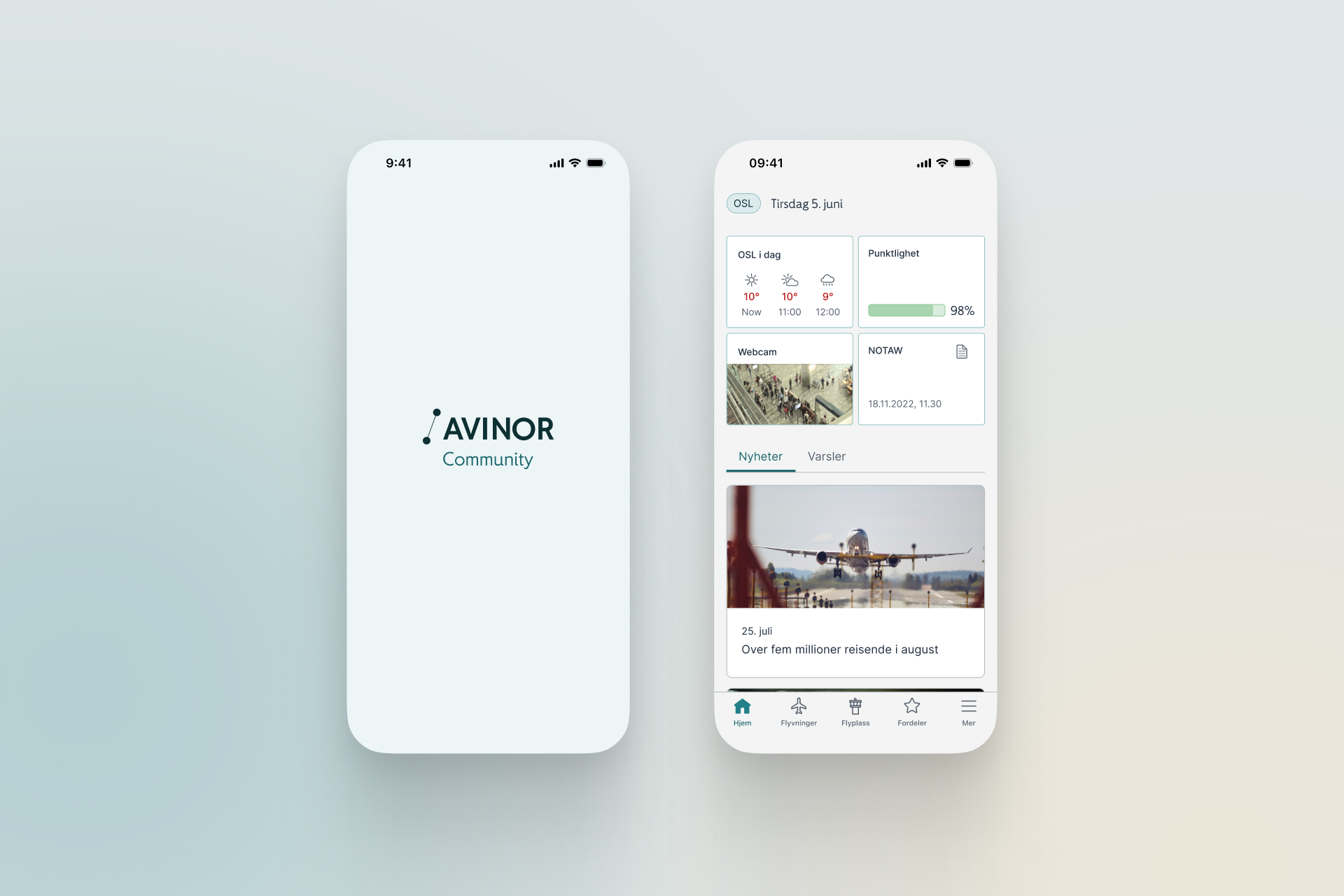 Skjermbilde splash-skjerm og hjemmeside i Avinor Community-appen.