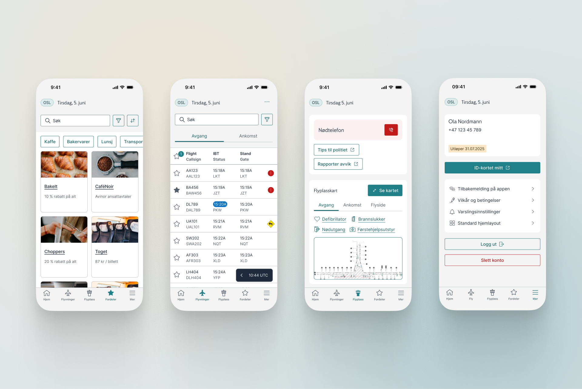 Eksempelbilde av fordeler, flylisteliste, flyplass informasjon og brukerprofil inne i av Avinor Community-appen.