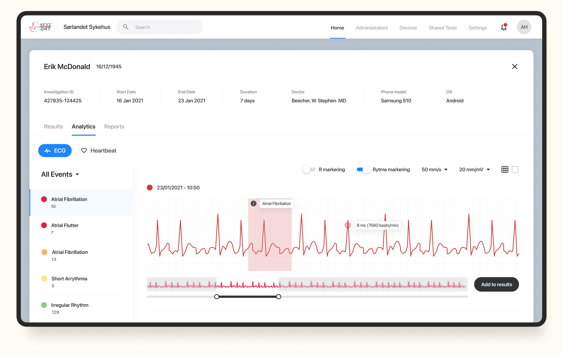 Skjermbilde av dashboardversjonen for Ecg365 som fastlegene har innsyn i om pasientene sine.
