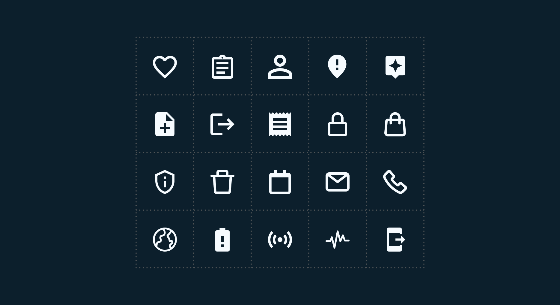 Grid med hvite ikoner brukt i Appsens-prosjektet på mørk blå bakgrunn.
