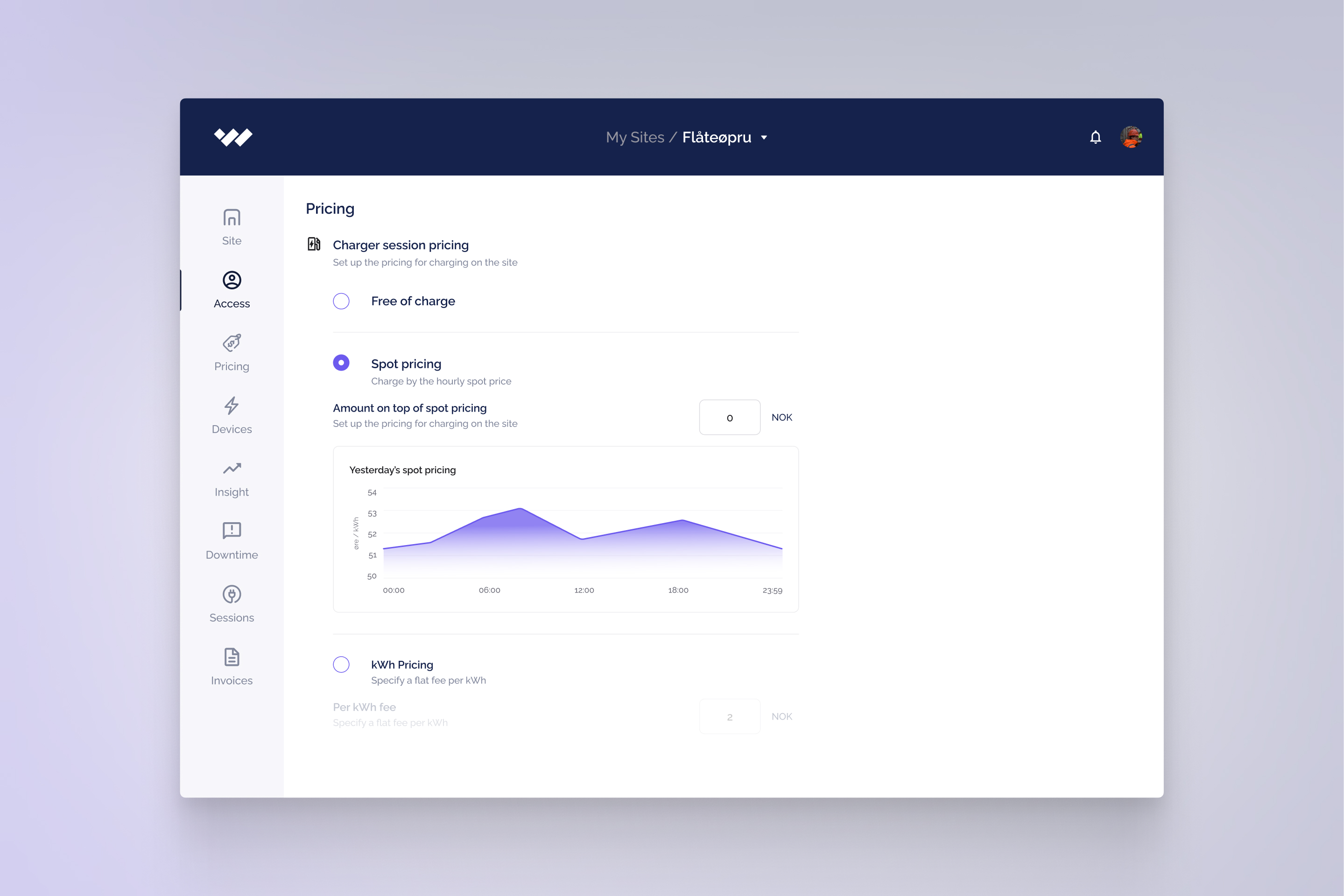 Eksempelskjerm på prising av strømbruk i programmet laget for Naeva.