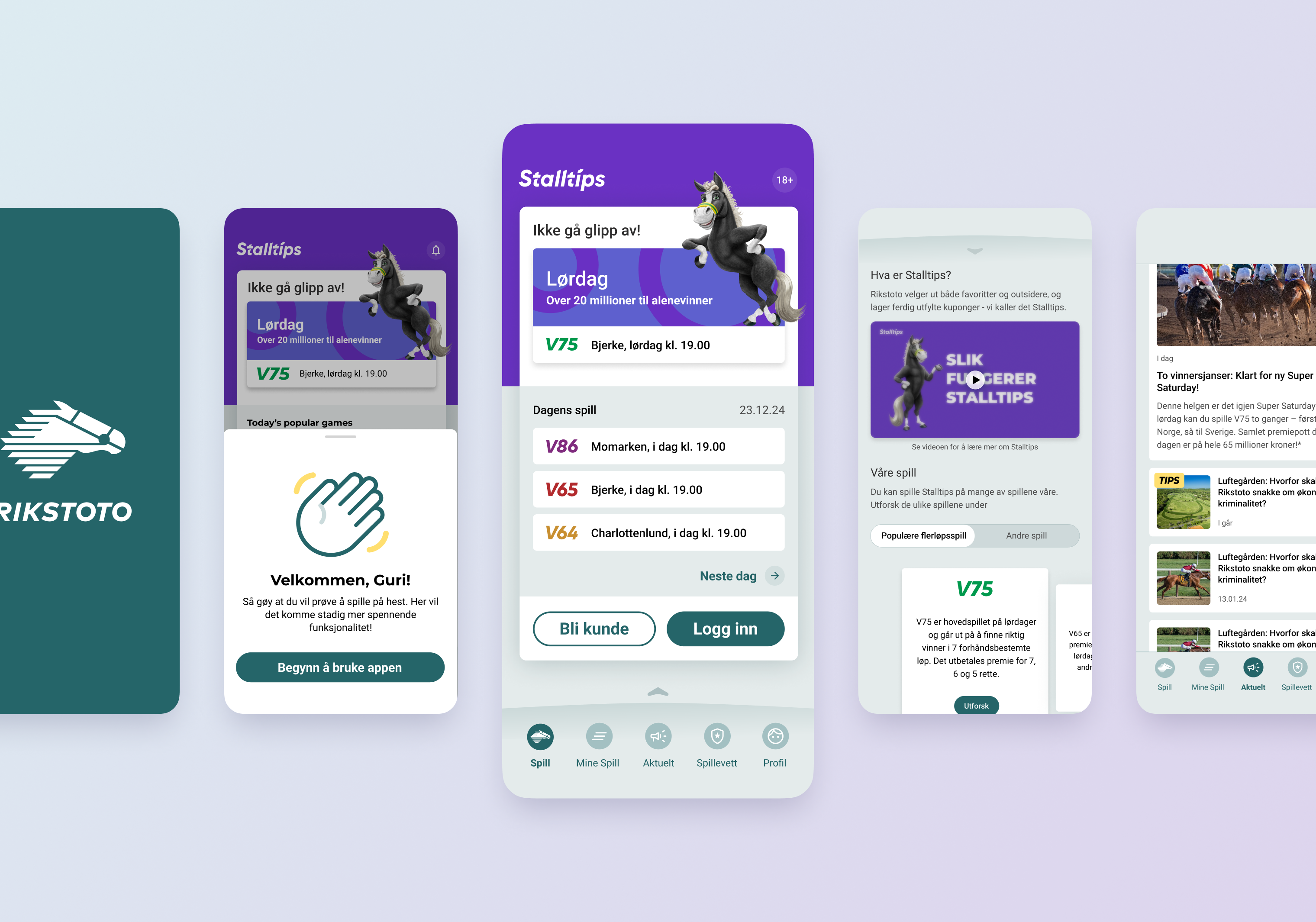 Eksempelbilder fra fem skjermbilder. Splash-skjerm, onboarding, hjemmeside, Stalltips og nyheter i Rikstoto-appen.