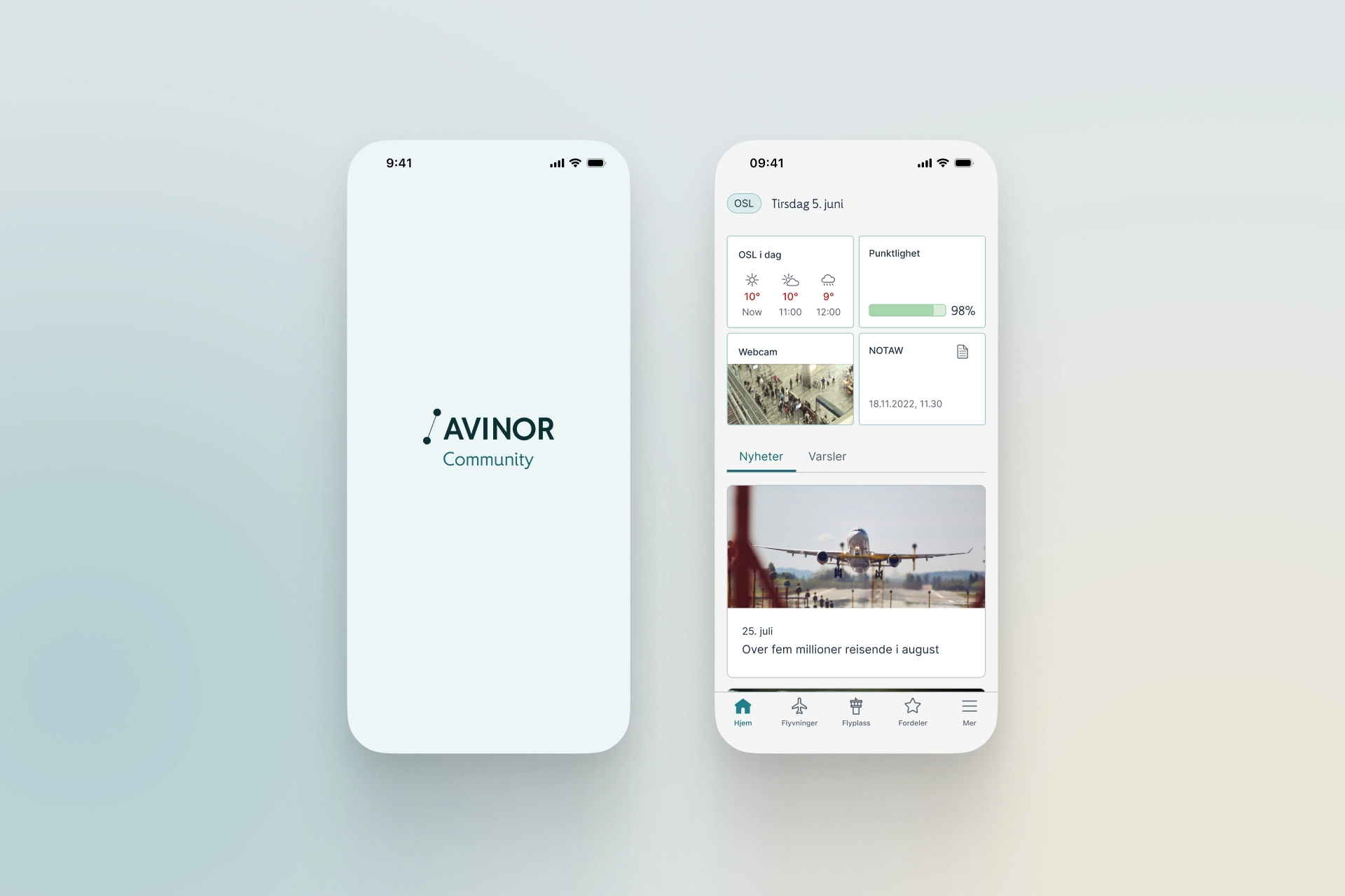 Skjermbilde splash-skjerm og hjemmeside i Avinor Community-appen.