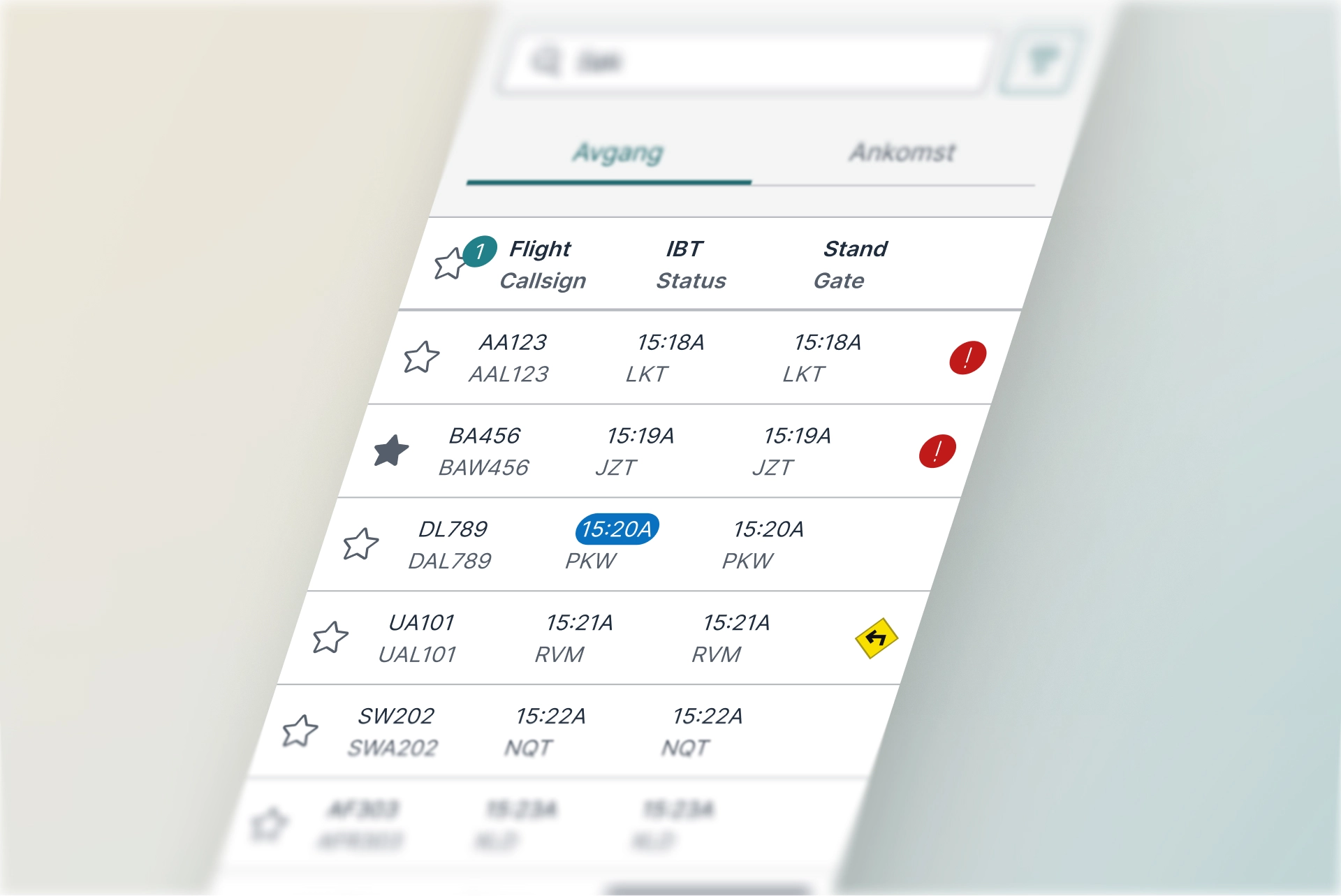 Eksempelbilde av flyliste inne i av Avinor Community-appen.