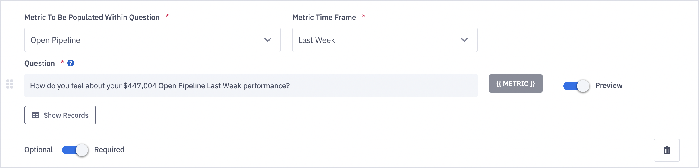 Select metrics to auto-populate during each recurring check-in