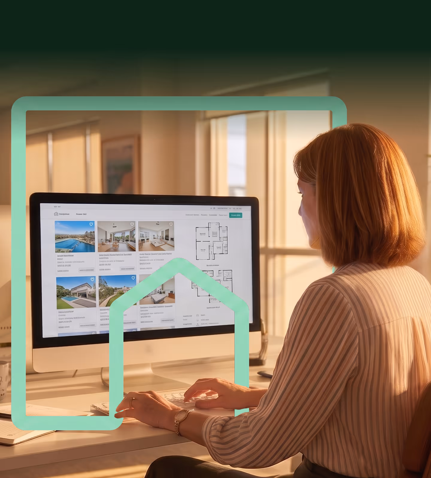 Woman using computer to browse real estate listings with property images and floor plans on screen.