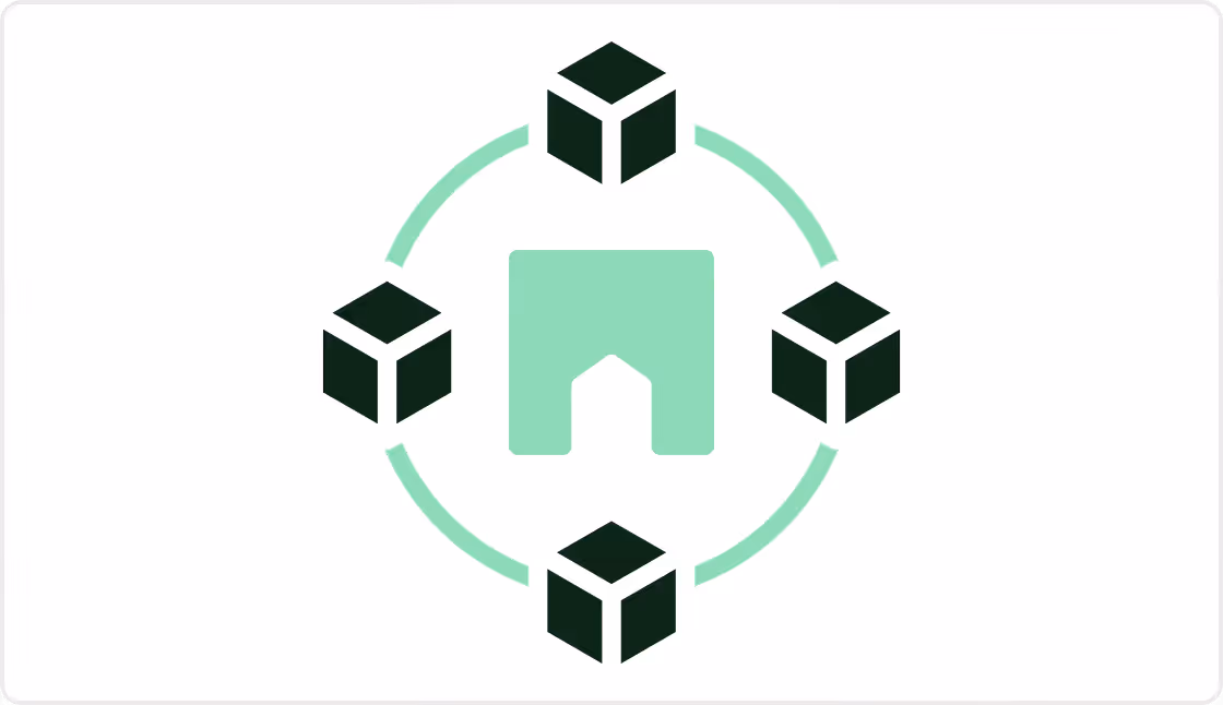 Central house icon surrounded by four connected blocks forming a circular network.