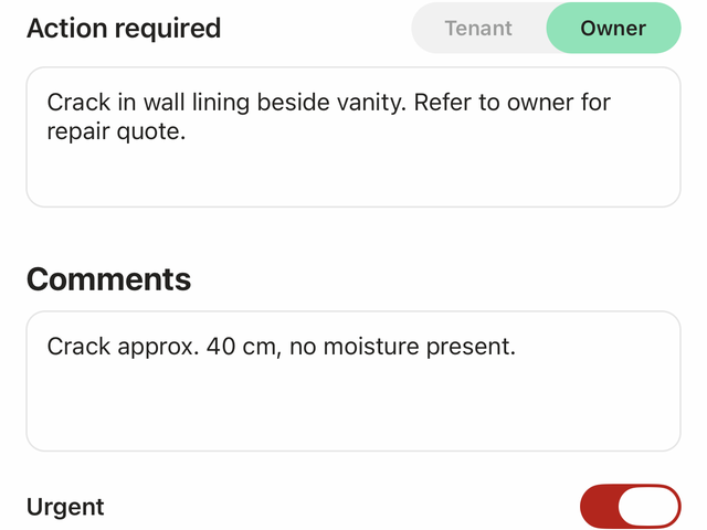 A bathroom marked urgent in a routine inspection