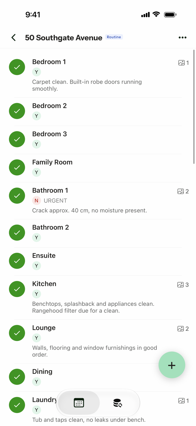 Inspect app showing a completed routine inspection room list for 50 Southgate Avenue