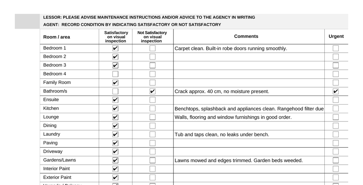 The completed condition report form in Realworks