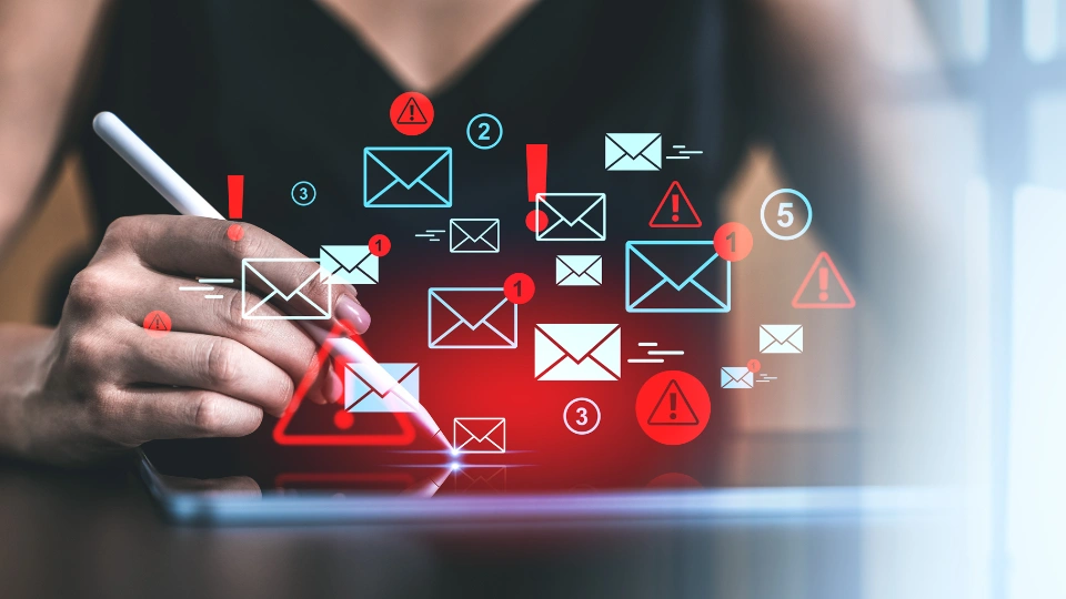 Hand mit einem Stift auf einem Tablet, umgeben von symbolischen E-Mail-Benachrichtigungen und Warnzeichen.