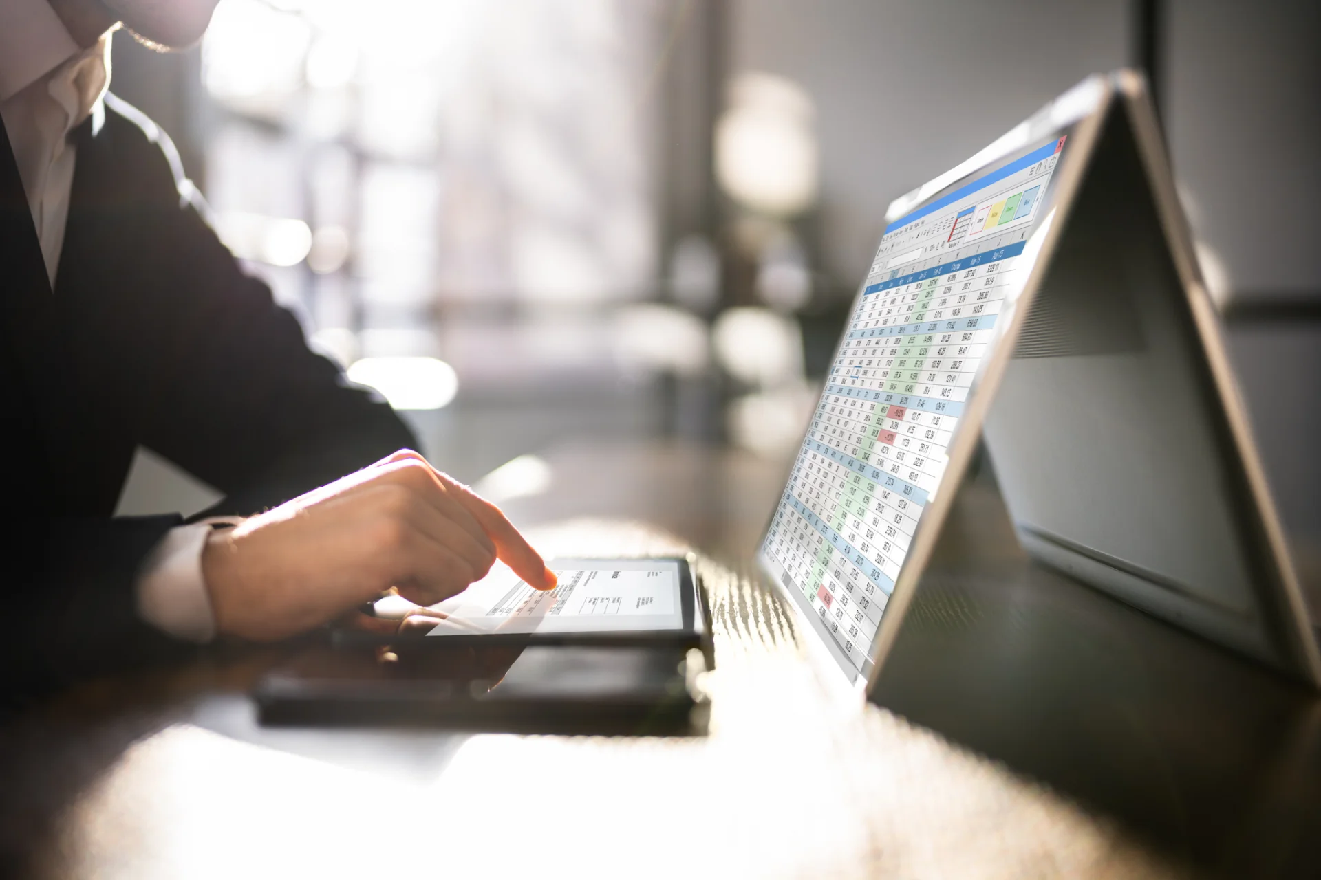Person in business attire working on a tablet with a laptop displaying a spreadsheet in the background.