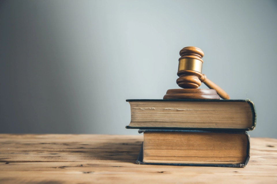 Ein Richterhammer liegt auf zwei gestapelten, alten Büchern auf einem Holztisch vor einem neutralen Hintergrund.