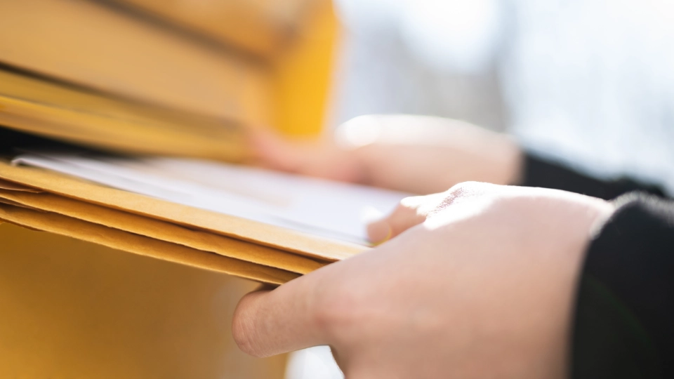 Hände, die gelbe Umschläge halten und sortieren, mit unscharfem Hintergrund.