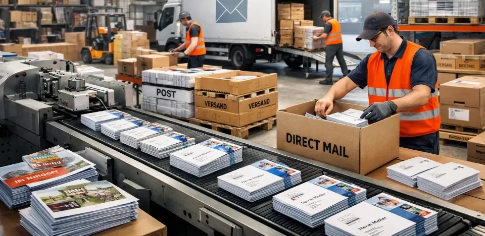 Arbeiter in orangen Sicherheitswesten sortieren und verpacken Postsendungen auf einem Förderband in einem Lager.