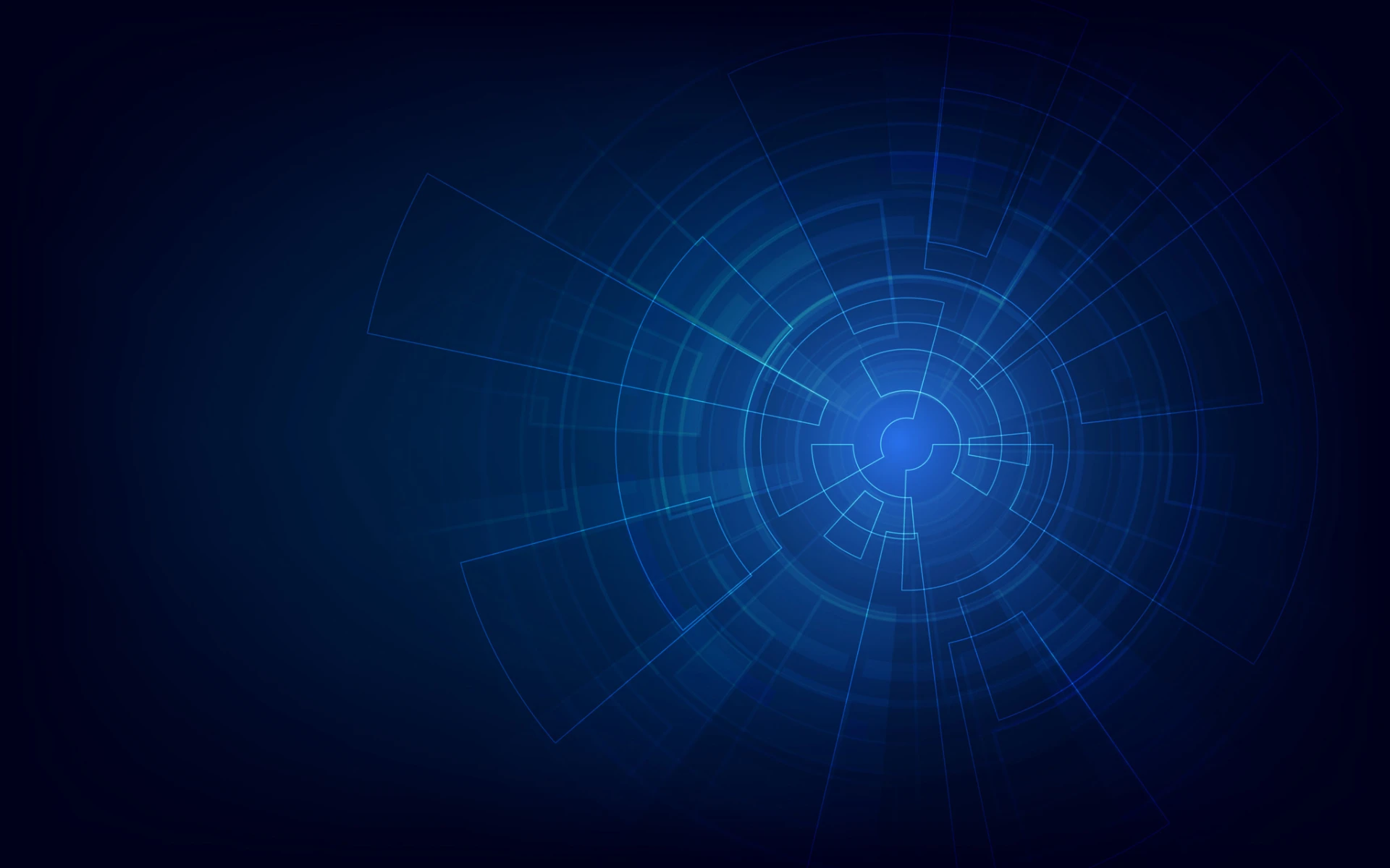 Abstrakter blauer digitaler Hintergrund mit konzentrischen Kreisen und Linien, die eine technische oder cybersicherheitsbezogene Atmosphäre erzeugen.