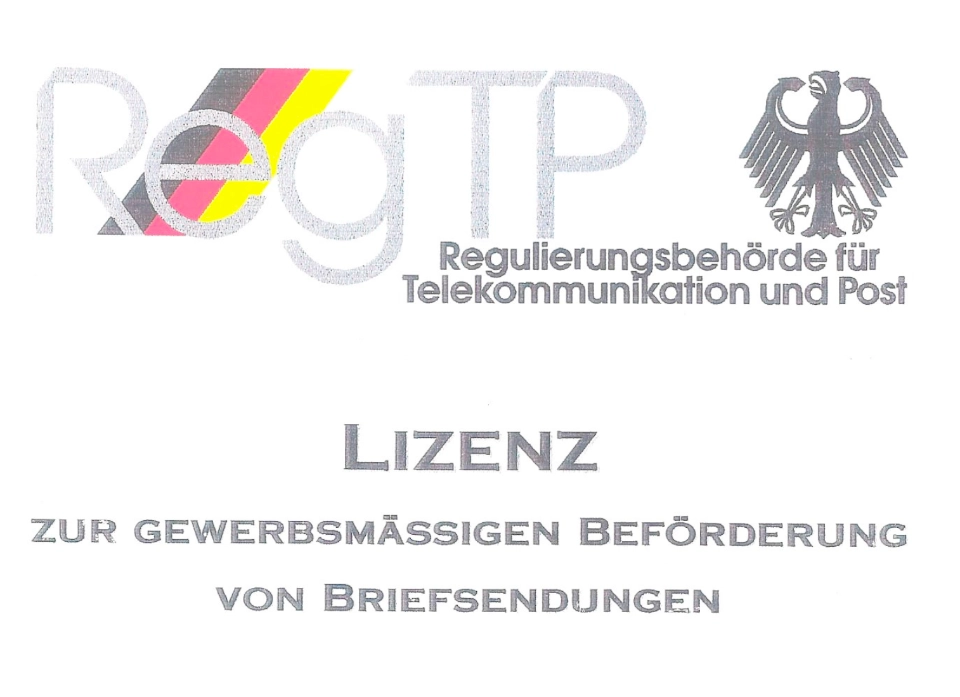 Logo der Regulierungsbehörde für Telekommunikation und Post (RegTP) mit dem deutschen Bundesadler und der Überschrift Lizenz zur gewerbsmässigen Beförderung von Briefsendungen.