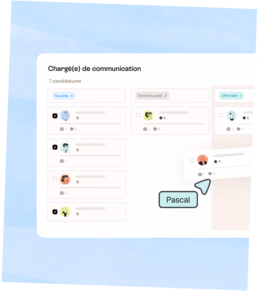 Aperçu de la vuez Kanban du pipeline de gestion des candidatures du logiciel de recrutement ATS Français Taleez
