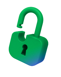 Green 3D open padlock with a keyhole on a white background.