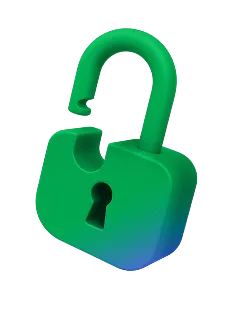 Green 3D open padlock with a keyhole on a white background.