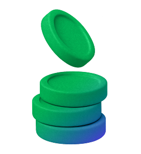 Stack of four round poker chips with one chip hovering above the stack in green and blue gradients.
