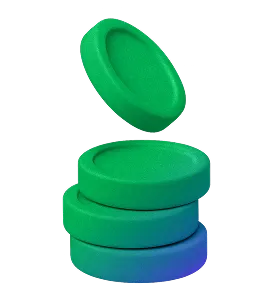 Stack of four round poker chips with one chip hovering above the stack in green and blue gradients.