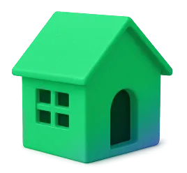 Simple green 3D house icon with pitched roof, window, and arched doorway.