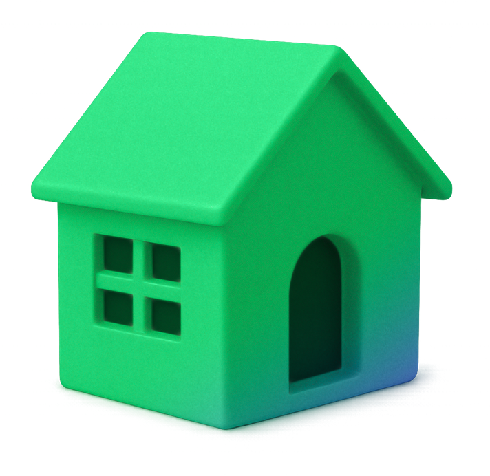 Green 3D house icon with a pitched roof, window with four panes, and arched doorway.