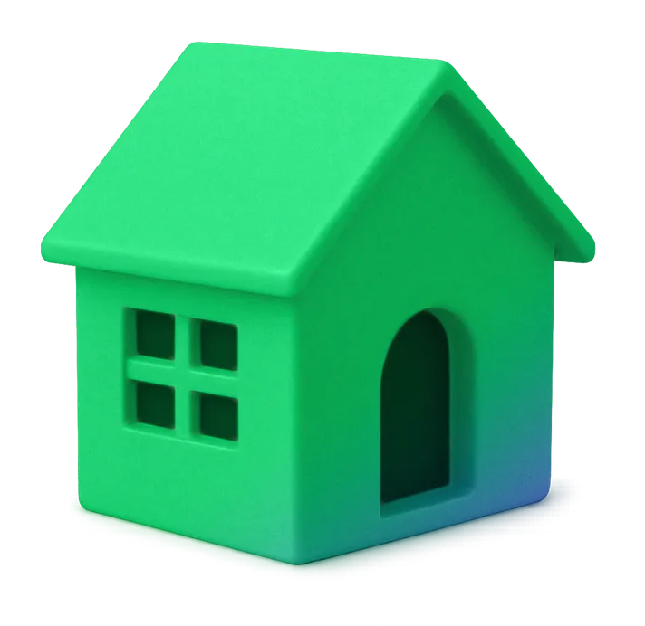 Green 3D house icon with a pitched roof, window with four panes, and arched doorway.