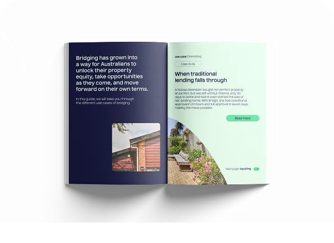 Open ebook showing text about bridging for Australians to unlock property equity and a case study on downsizing with an image of a patio garden.