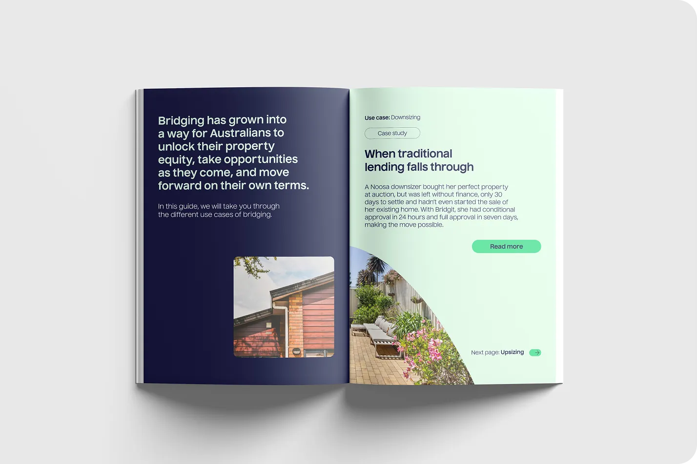 Open book showing a guide on bridging loans for Australians with a use case on downsizing and images of a house and garden.
