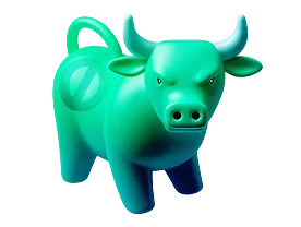 Green 3D stylized bull figure with a fierce expression.