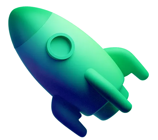 3D green and blue stylized rocket ship icon tilted to the right.