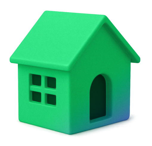 Green 3D house icon with a pitched roof, four-pane window, and arched doorway.