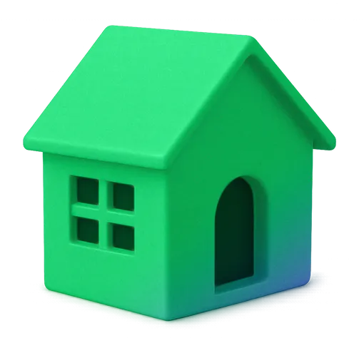 Green 3D house icon with a pitched roof, four-pane window, and arched doorway.