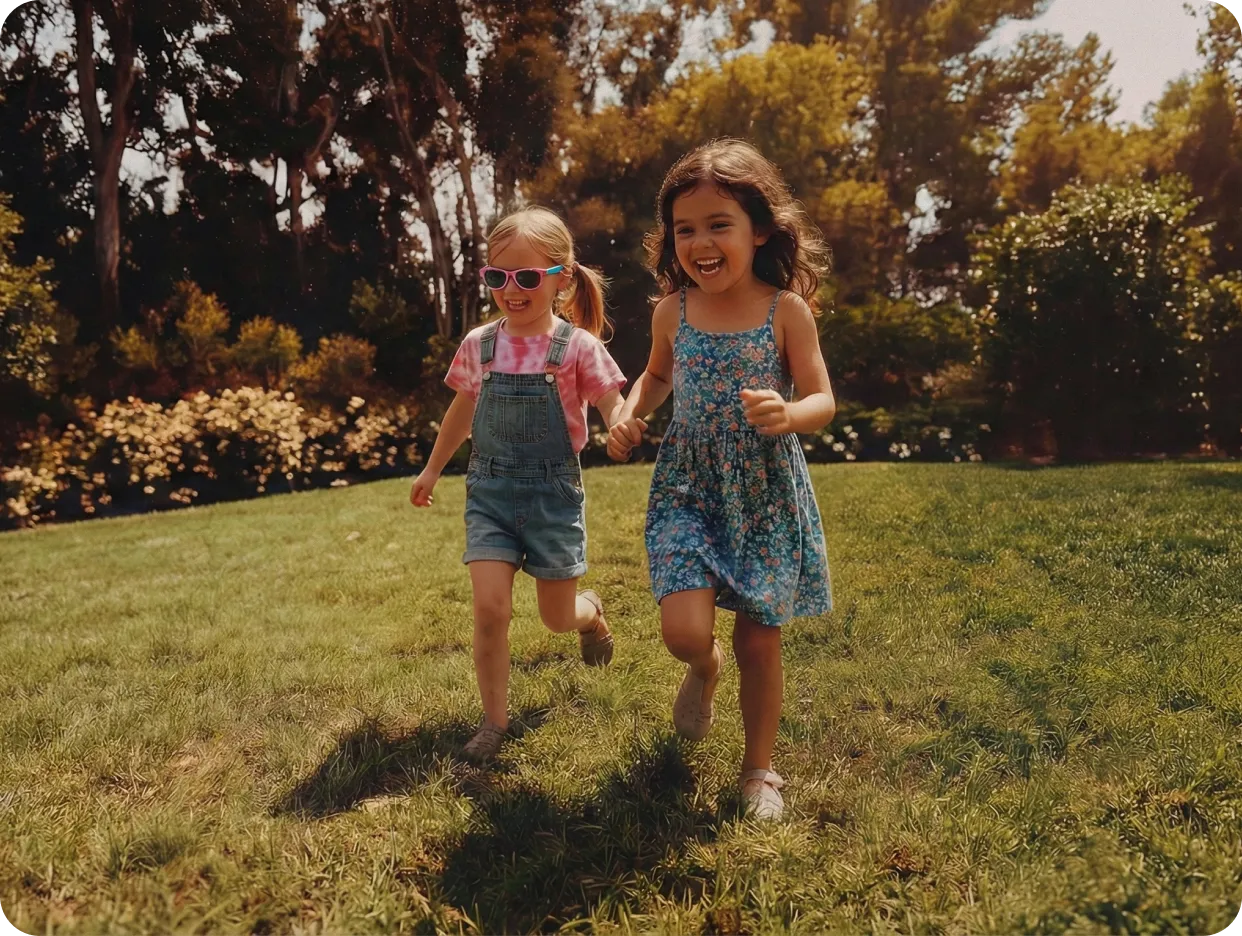 Two young girls holding hands and running on grass in a sunlit park with trees and bushes in the background.