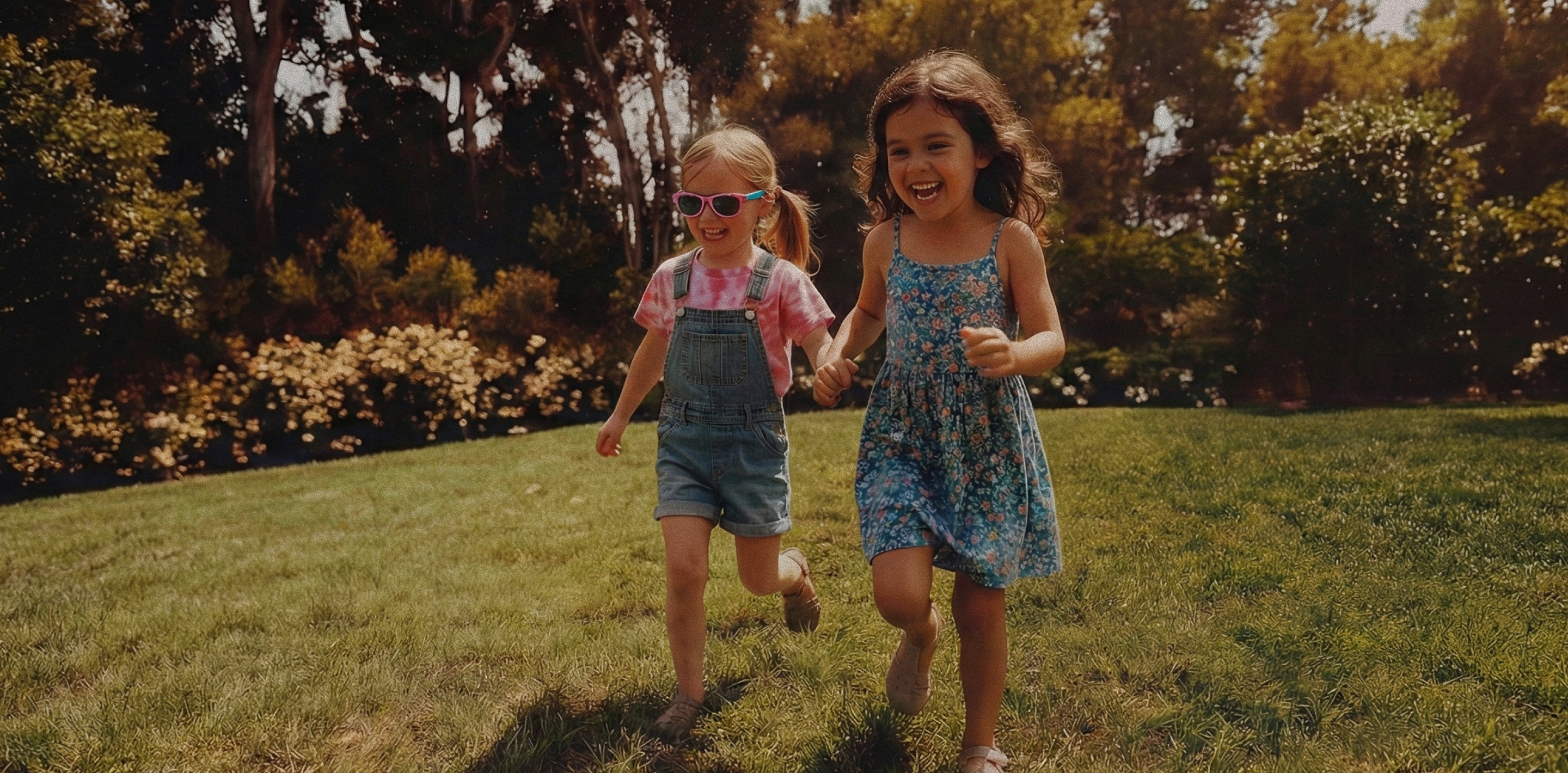 Two young girls holding hands and running on green grass with trees and bushes in the background.