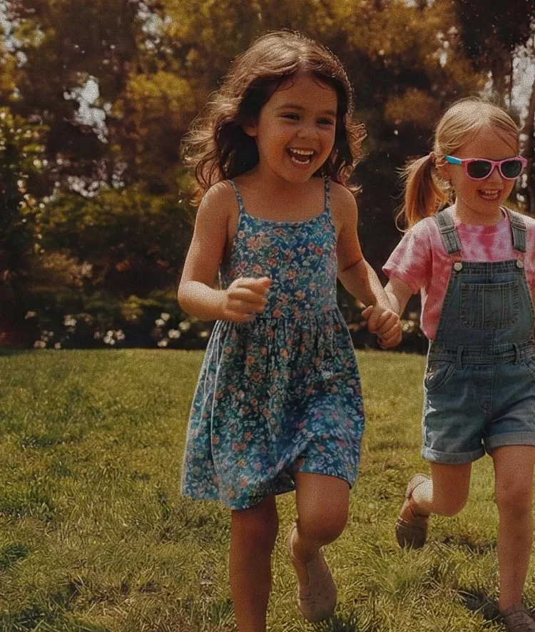 Two young girls holding hands and running happily on grass in a sunlit park.