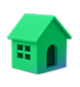 Green 3D house icon with windows and an arched doorway.