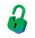 Green unlocked padlock icon on black background.
